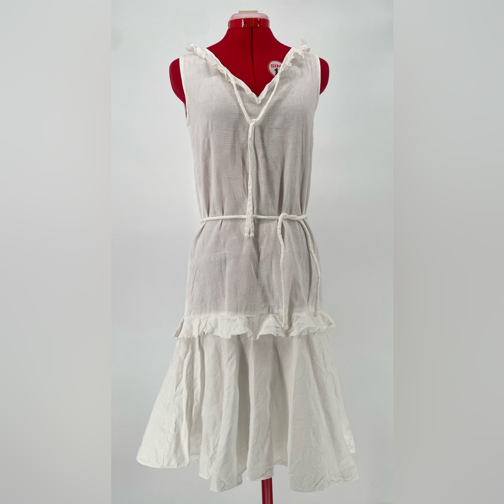 Vintage Crisp White Drop Waist Midi Dress With Neckline Ties & Tie Belt - Picture 4 of 15